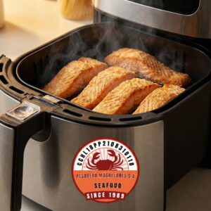Frozen salmon fillet cooking in an air fryer