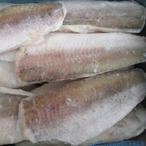 Bulk cartons of frozen hake fillets in cold storage