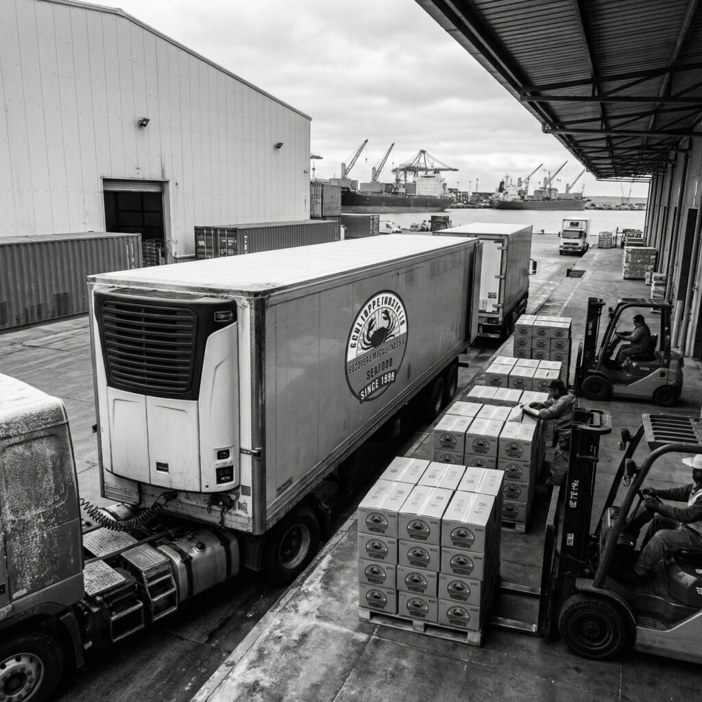 Bulk frozen seafood prepared for international shipment